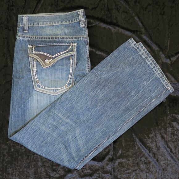 Mens Request Denim Jeans Embroidered 40x32 Leather Detail Back Patch Straight - Picture 2 of 14